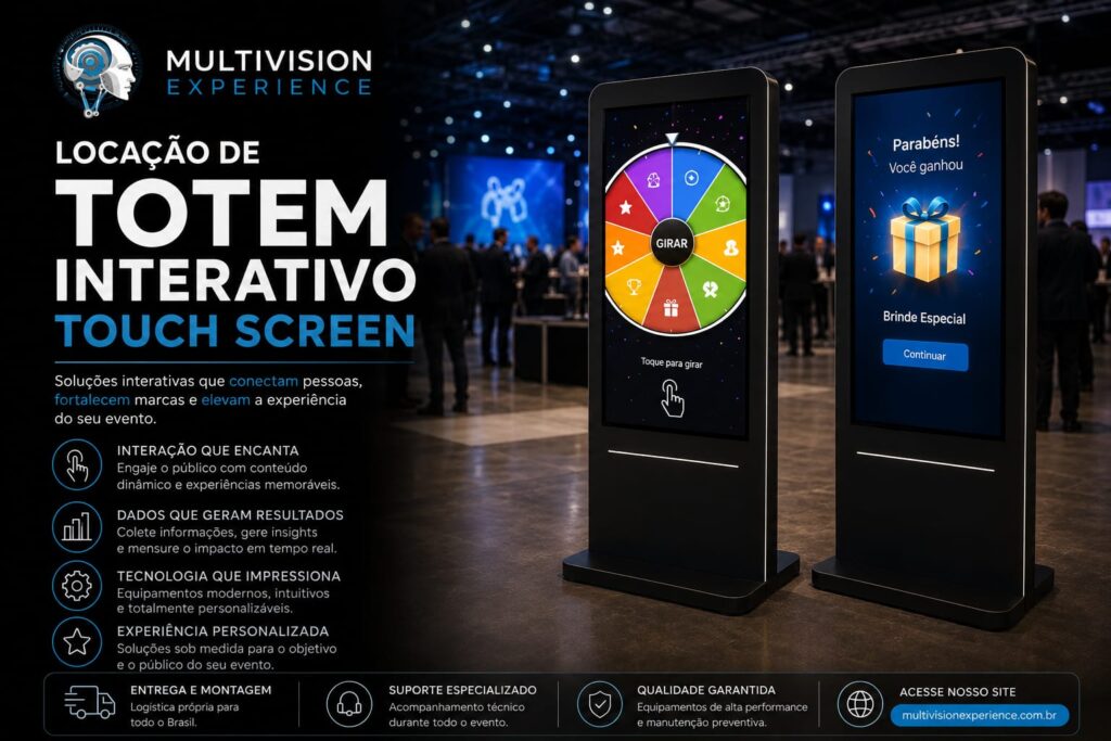 Aluguel de Totem Interativo Touch Screen para Feiras Empresariais e Congressos em São paulo, Guarulhos, Campinas, e Ribeirão preto em 2026